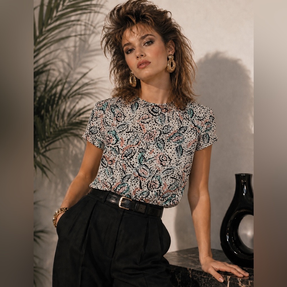 Vintage 80s Sheer Floral Blouse Shoulder Pad Top Pastel Print  Size 6P